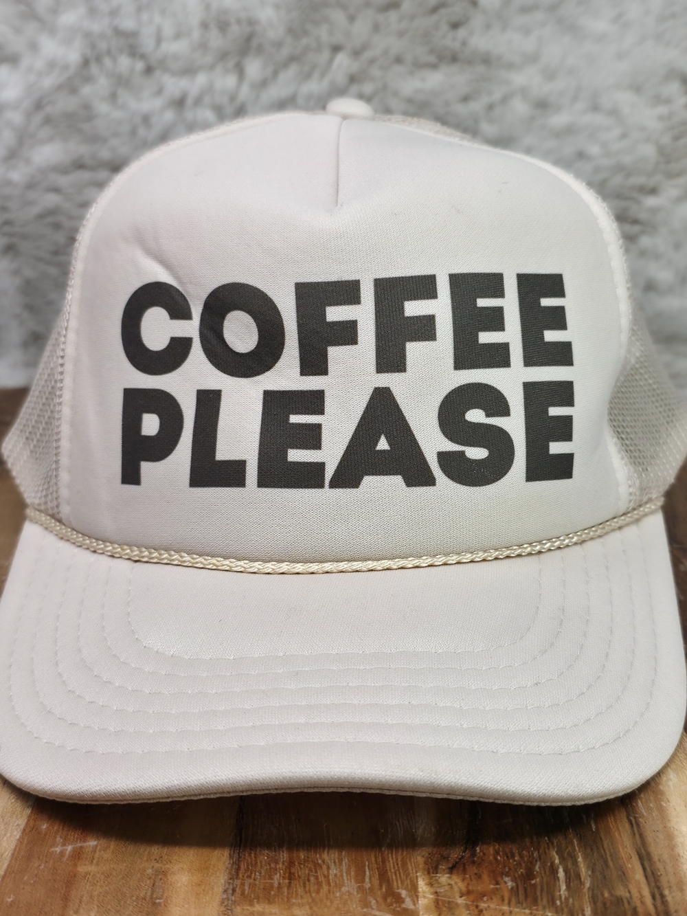 COFFEE PLEASE Trucker Hat in Cream and Black
